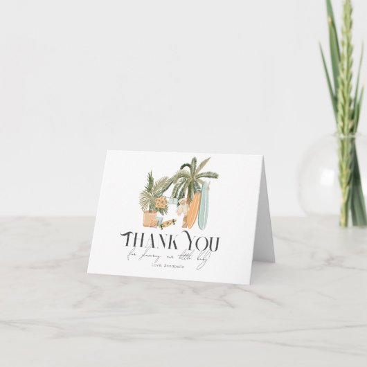 Baby aan boord Palm Tree Surfboard Baby shower Bedankkaart (Voorkant)