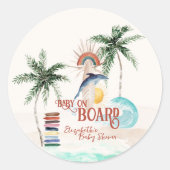 Baby aan boord | Retro Summer Surf Baby shower Ronde Sticker (Voorkant)