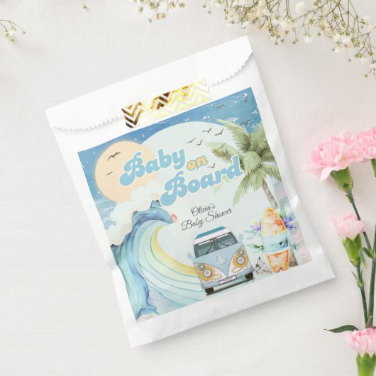 Baby aan boord Retro Surfing Beach Baby shower Bedankzakje (Gezegeld)