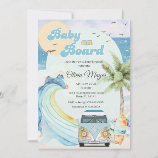 Baby aan boord Retro Surfing Beach Baby shower Kaart (Voorkant)