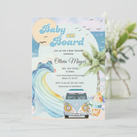 Baby aan boord Retro Surfing Beach Baby shower Kaart (Staand voorkant)