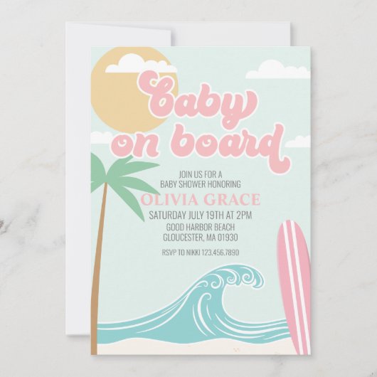 Baby aan boord Roze Surf Beach Baby shower Kaart (Voorkant)