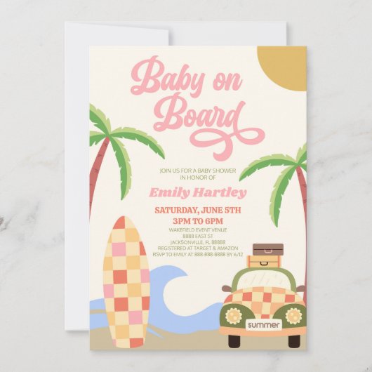 Baby Aan boord Strand Surf Roze Retro Baby shower Kaart (Voorkant)