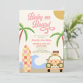 Baby Aan boord Strand Surf Roze Retro Baby shower Kaart (Staand voorkant)
