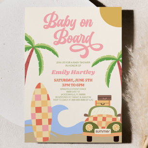 Baby Aan boord Strand Surf Roze Retro Baby shower Kaart