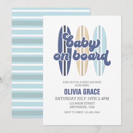 Baby aan boord Surfboard Beach Baby shower Invitat Kaart (Voorkant / Achterkant)