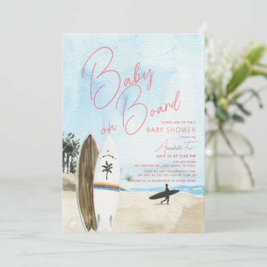 Baby aan boord Surfboard Beach Girl Baby shower Kaart (Staand voorkant)