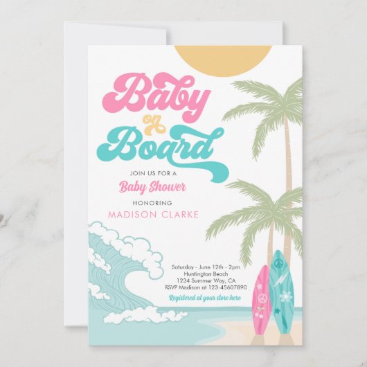 Baby aan boord Surfboard Beach Retro Baby shower Kaart (Voorkant)