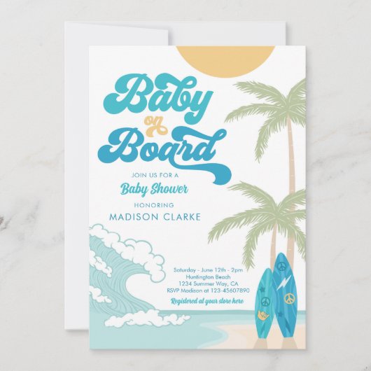Baby aan boord Surfboard Beach Retro Baby shower Kaart (Voorkant)