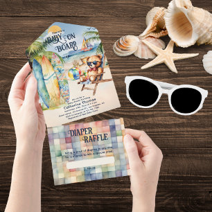 Baby Aan boord Surfboard Teddy Bear Baby shower All In One Uitnodiging