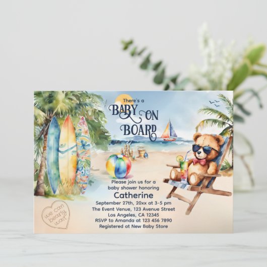 Baby Aan boord Surfboard Teddy Bear Baby shower Kaart (Staand voorkant)
