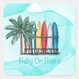 Baby aan boord Surfen Blauwgroen Baby shower Vierkante Sticker