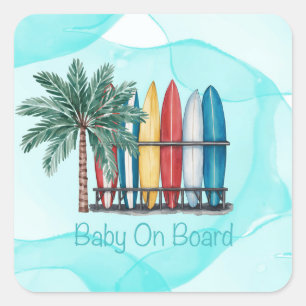 Baby aan boord Surfen Blauwgroen Baby shower Vierkante Sticker