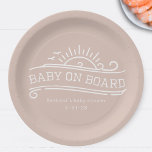 Baby Aan boord Surfen Roze Baby shower Papieren Bordje<br><div class="desc">Een meisje baby shower "baby on board" thema met witte lijn kunst met zon,  en golven. Witte tekst. De achtergrond is roze.</div>