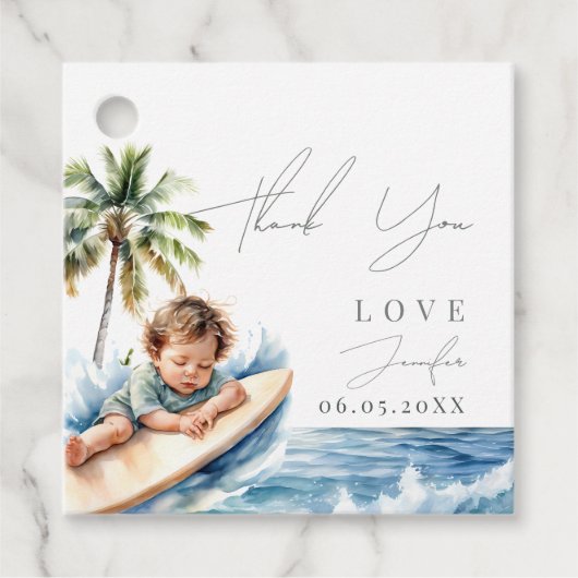 Baby aan boord, surfend Baby shower Bedankjes Labels (Voorkant)