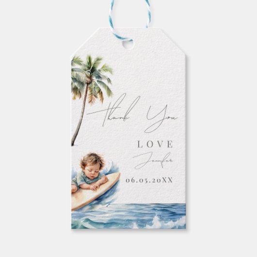 Baby aan boord, surfend Baby shower Cadeaulabel (Voorkant)