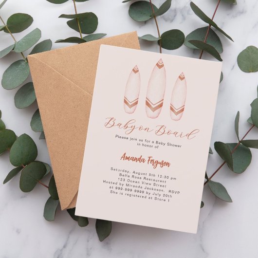 Baby aan boord surfplank beige bruin Baby shower Kaart