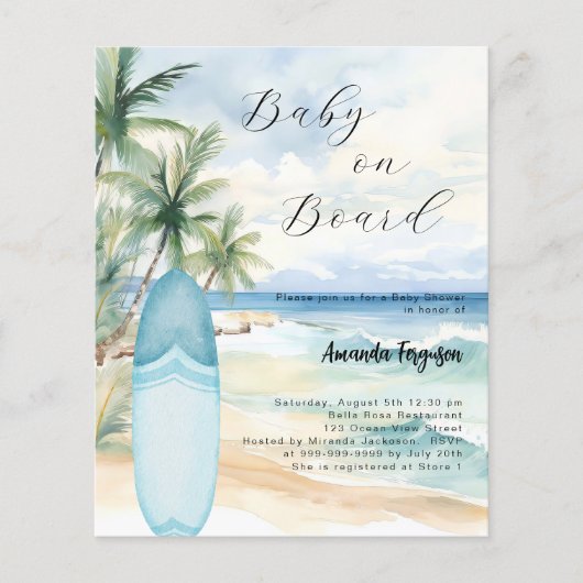Baby aan boord surfplank boy Baby shower uitnodigi (Voorkant)
