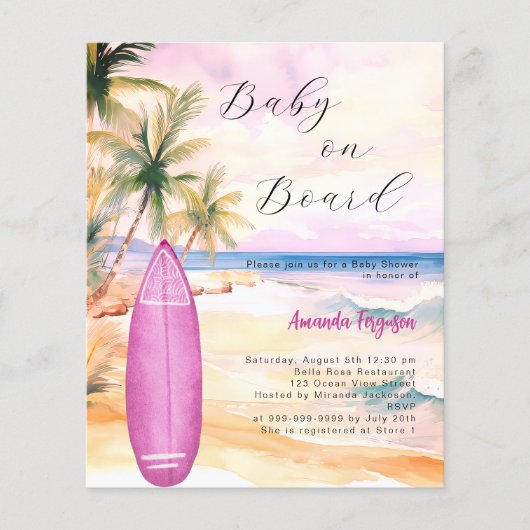 Baby aan boord surfplank roze meisje Baby shower (Voorkant)