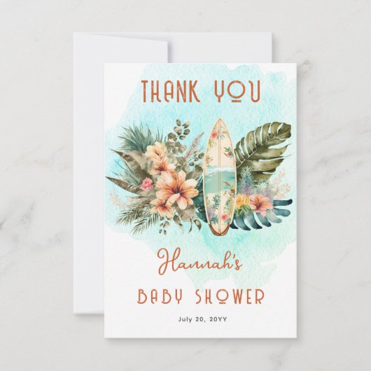 Baby aan boord Tropisch Surf Neutraal Baby shower Bedankkaart (Voorkant)