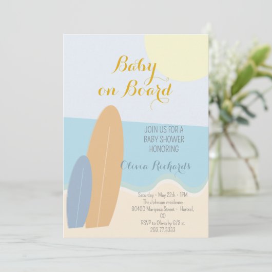 Baby aan boord van het Baby shower voor surfstrand Kaart (Staand voorkant)
