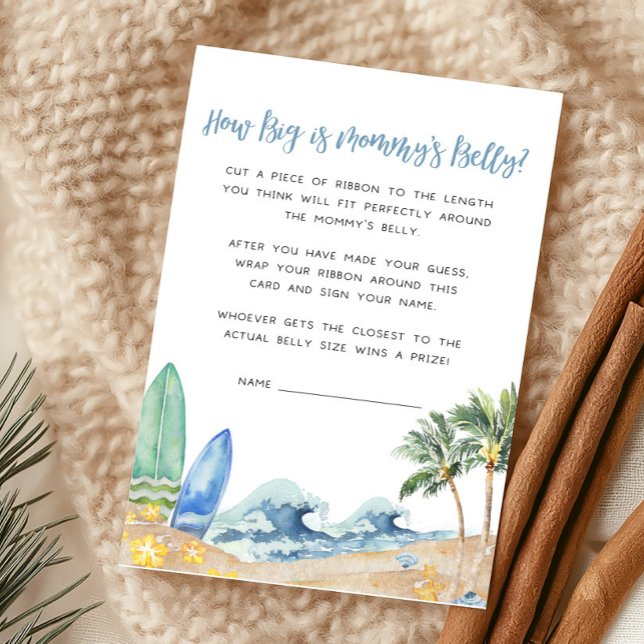 Baby aan boord van het strand Hoe groot is het bui (Surfing Summer Boy Baby Shower How Big is Mommy's Belly Game)