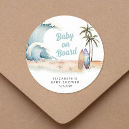 Baby aan boord van het Surfing Beach Baby shower Ronde Sticker