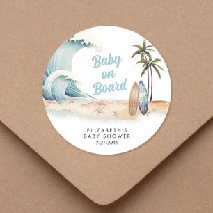 Baby aan boord van het Surfing Beach Baby shower Ronde Sticker