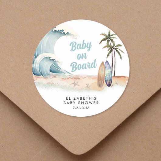Baby aan boord van het Surfing Beach Baby shower Ronde Sticker