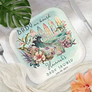 Baby aan boord van het tropisch surfhout Baby show Papieren Bordje