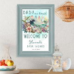 Baby aan boord van het tropisch surfhout Baby show Poster<br><div class="desc">Het tropische wc-vormig ontwerp van de exotische florale Baby on Board is een sjabloon van het baby shower met een genderneutraal thema met een tropische flair. Het ontwerp toont een groep kleurrijke surfplanken met de oceaan en een golvende golf tussen een prachtige tropische florale omgeving. Het kleurenschema bestaat uit zachte...</div>