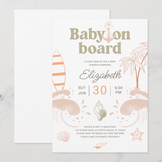Baby aan boord van Surf Baby shower Uitnodiging Ka (Voorkant / Achterkant)