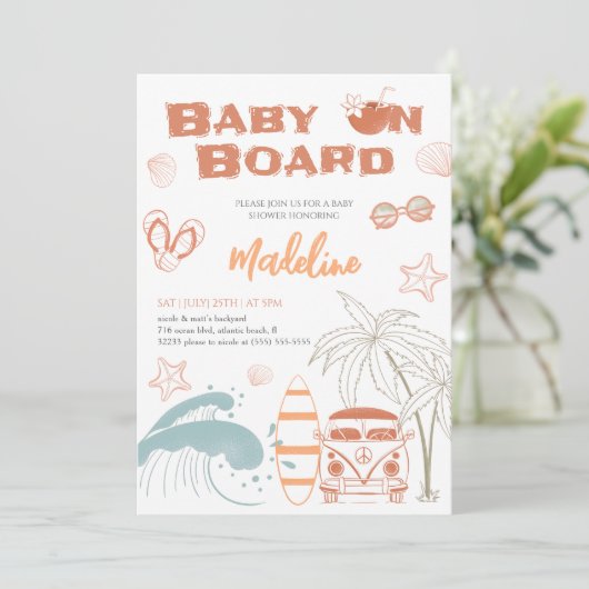 Baby aan boord van Surf Baby shower Uitnodiging Ka (Staand voorkant)