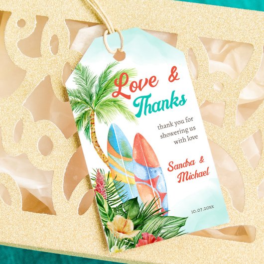 Baby aan boord van tropisch surfbaby shower dank cadeaulabel