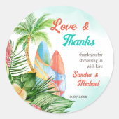 Baby aan boord van tropisch surfbaby shower dank ronde sticker (Voorkant)