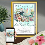 Baby aan boord van Tropische Surfing Late Night Di Poster<br><div class="desc">Het tropische wc-vormig ontwerp van de exotische florale Baby on Board is een sjabloon van het baby shower met een genderneutraal thema met een tropische flair. Het ontwerp toont een groep kleurrijke surfplanken met de oceaan en een golvende golf tussen een prachtige tropische florale omgeving. Het kleurenschema bestaat uit zachte...</div>