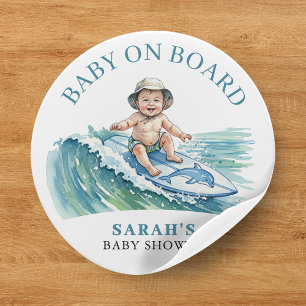 Baby aan boord Waterverf Surfen Baby shower Ronde Sticker