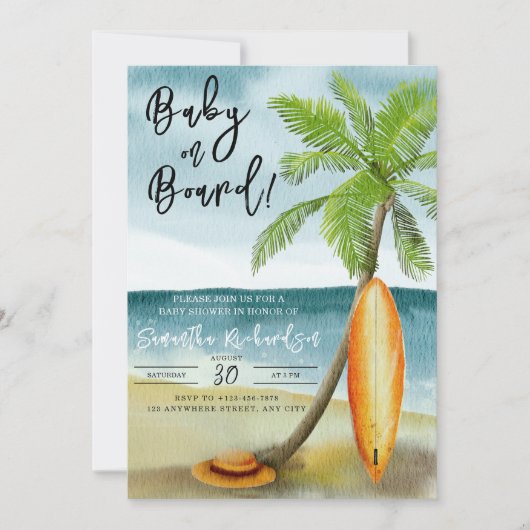 Baby Aan boord Waterverf surfen strand baby shower Kaart (Voorkant)