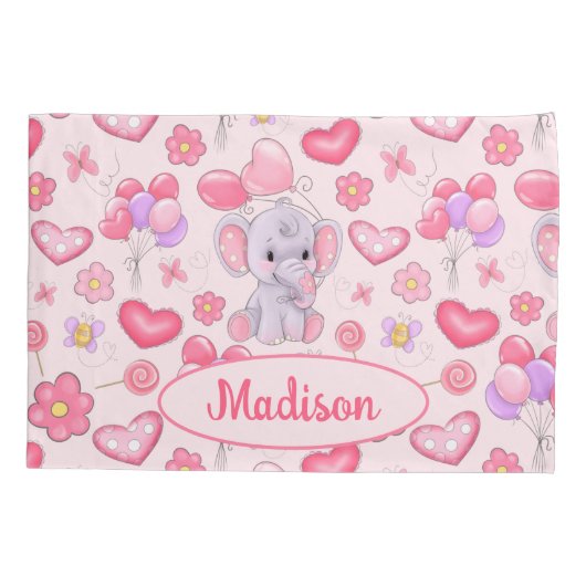Baby Aangepaste naam Cute Pink Elephant Kussensloo Kussensloop (Achterkant)