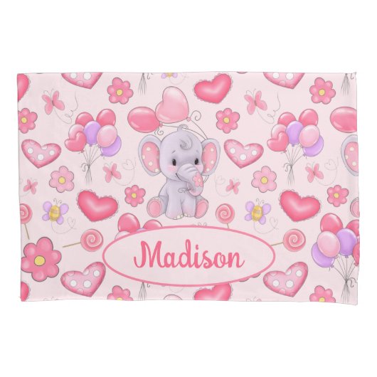 Baby Aangepaste naam Cute Pink Elephant Kussensloo Kussensloop (Voorkant)