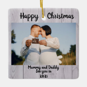 Baby Aankondiging, 2 foto Zwangerschap, in verwach Keramisch Ornament