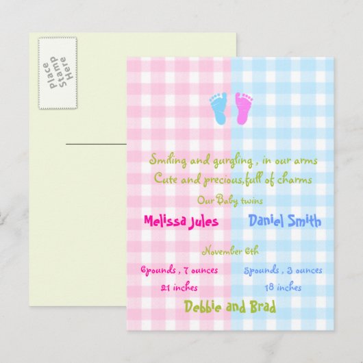 baby aankondiging briefkaart - tweeling (Voorkant / Achterkant)