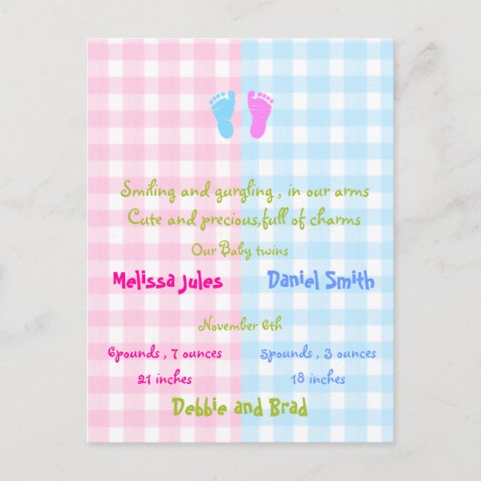 baby aankondiging briefkaart - tweeling (Voorkant)