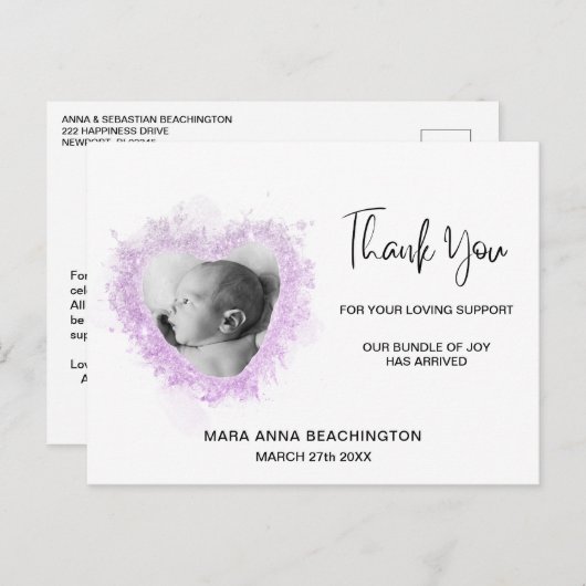 *~* Baby Aankondiging + Dank u Hart Briefkaart (Voorkant / Achterkant)