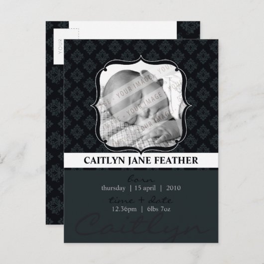 BABY AANKONDIGING:: elegant ingelijst 8 Aankondigingskaart (Voorkant / Achterkant)