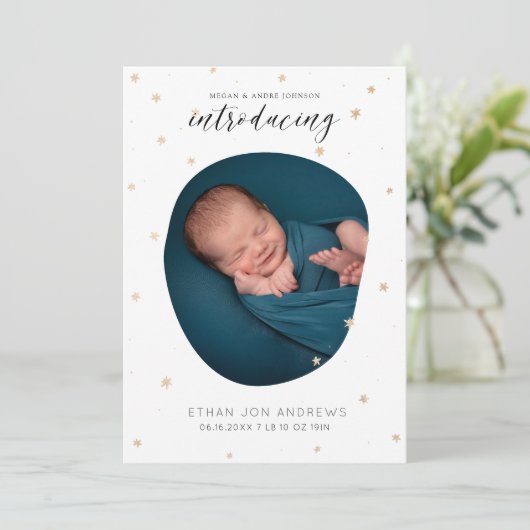 Baby Aankondiging Introductie gouden sterren met s (Staand voorkant)