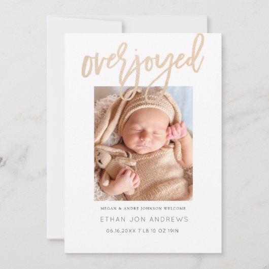 Baby Aankondiging - Overjoyed gold glitter script (Voorkant)