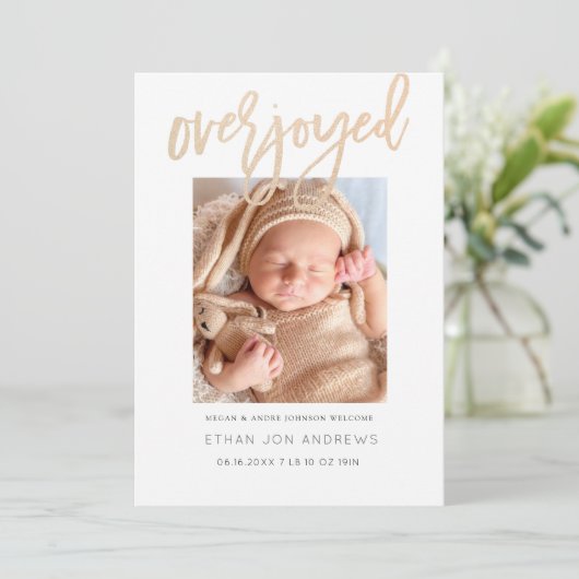 Baby Aankondiging - Overjoyed gold glitter script (Staand voorkant)