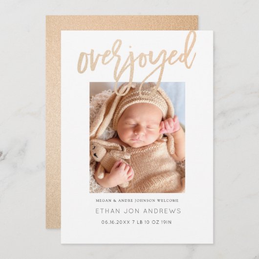 Baby Aankondiging - Overjoyed gold glitter script (Voorkant / Achterkant)