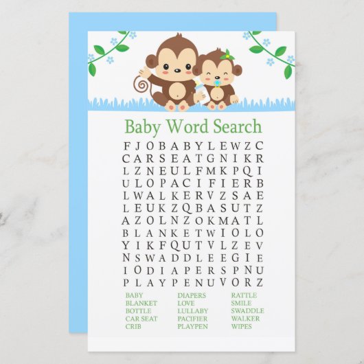 Baby aap Baby shower Word Search Game (Voorkant / Achterkant)